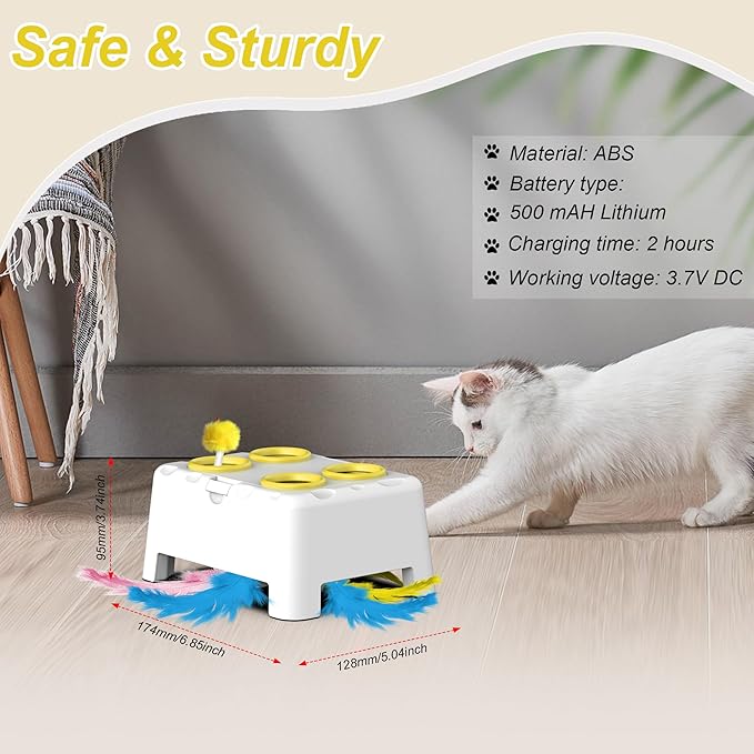 Cat Toys, Interactive Cat Toys, 2-in-1 Automatic Cat Toy, 4 Holes Mice Whack A Mole Cat Mouse Toy with Moving Feather, Portable USB Rechargeable Electronic Kitten Toys (White & Yellow)