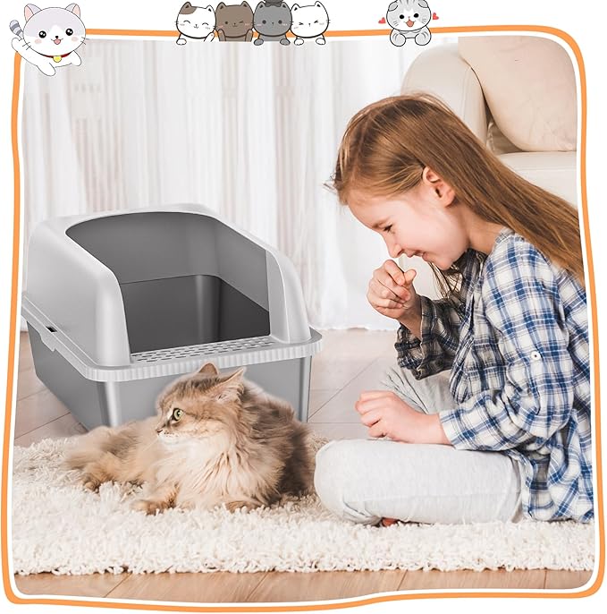 2 Pack Stainless Steel Cat Litter Box witn High Sides, Extra Large Litter Box with Lid, Metal Litter Box for Multiple Cats, Anti-Leakage,Non-Stick, Easy to Clean, Included Cat Litter Mat, Scoop