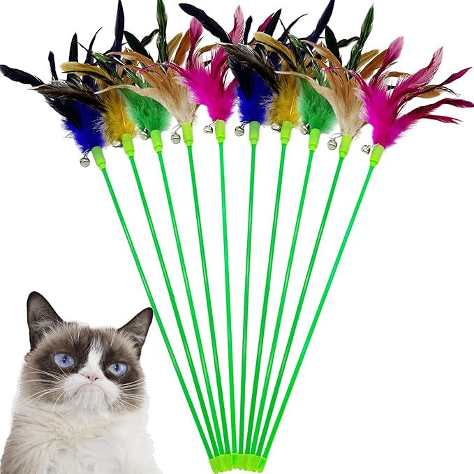Cat Wand Toy Cat Feather Toys, 10 Pieces Feather Stick Cat Toys, Interactive Feathers Wand Cat Toy for Indoor Cats Play