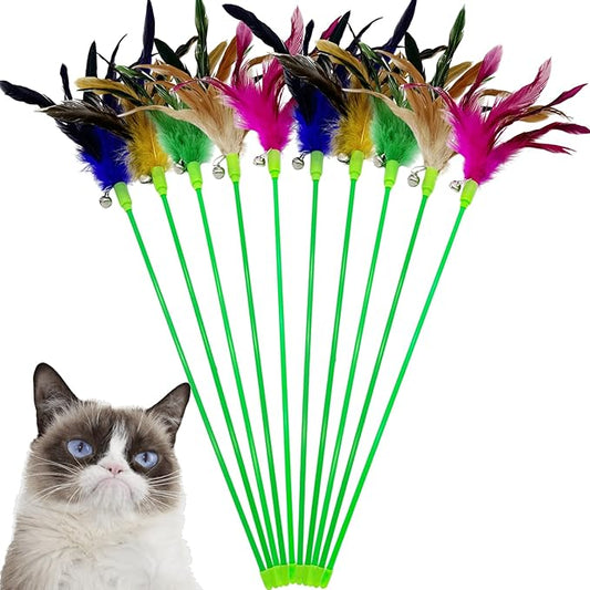 Cat Wand Toy Cat Feather Toys, 10 Pieces Feather Stick Cat Toys, Interactive Feathers Wand Cat Toy for Indoor Cats Play