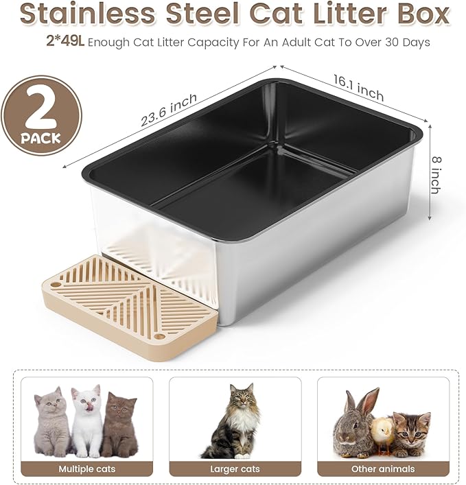 2 Pack 23.6"x16"x 8" Coated Extra Large Stainless Steel Litter Box, XL Metal Litter Box for Big & Multiple Cats, Non Stick Easy Cleaning Stainless Steel Cat Litter Pan Tray with Dual Filter Pedal