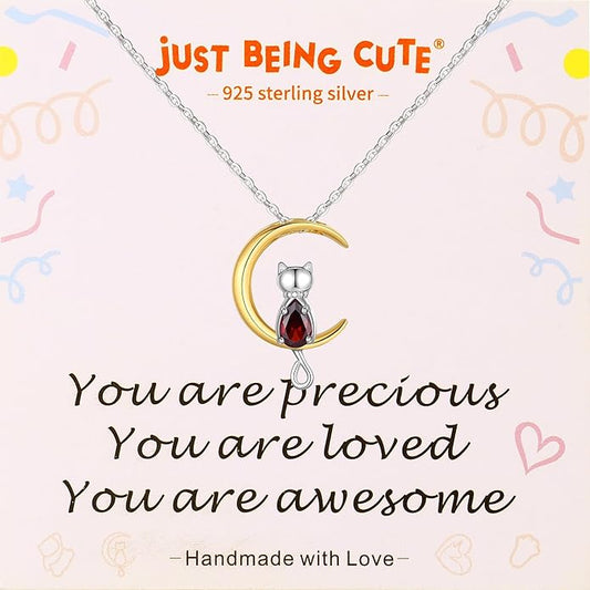 Birthstone Necklace for Women Girls, Cat Necklaces 925 Sterling Silver Teardrop Pendant 18K Gold-Plated Birthstone Jewelry Gifts for Birthday Easter