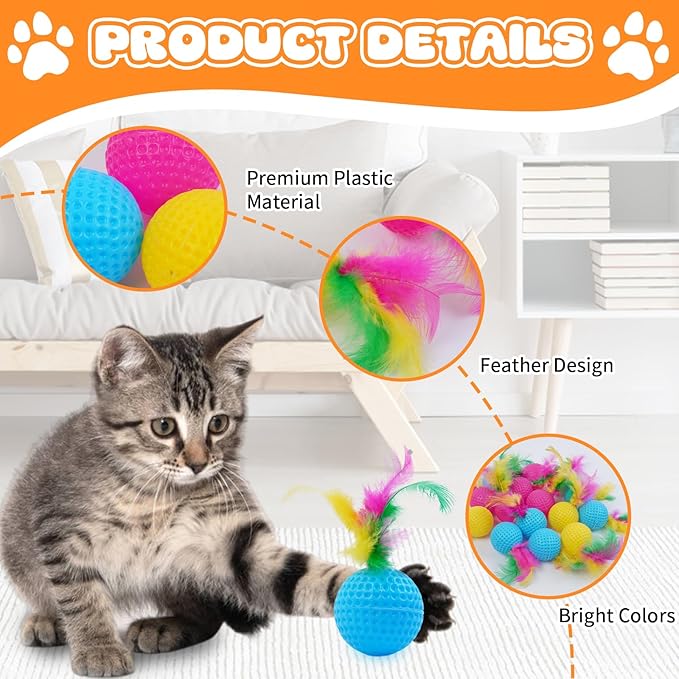 IDOMIK 15 Pack Cat Toys Ball, Colorful Golf Sponge Balls, Cat Feather Ball Kittens Interactive Pom Pom Ball Toys for Exercise, Bright Colored Chase Pounce Toys Balls, Safe Non-Toxic Entertainment Toy