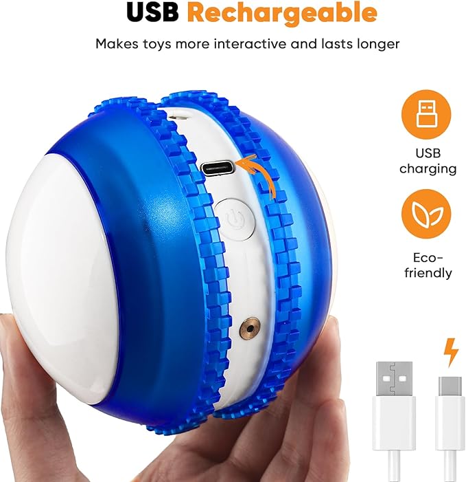 Petbobi Interactive Cat Toy Ball - Automatic Rolling Cat Laser Toys with 2 Fluffy Mice Tail, USB Rechargeable, Motion Activated Moving Ball Toy, Fast Rolling Ball for Indoor Cat, Simulation Bird Sound