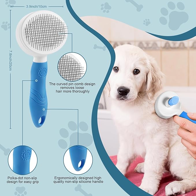 Brush for cats & dogs,self-cleaning pet brush,cat brush&dog brush, small dog brush,Pet Hair Grooming,Easy removes loose undercoat, fine needle (blue)