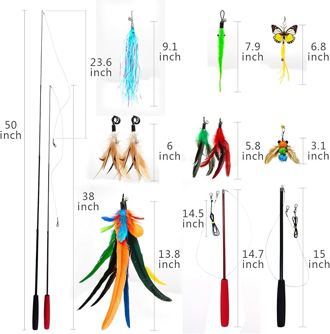 Cat Toy 2PCS Ultra-Long Cat Teaser(50"+38")+9PCS Da Bird Feather Refills,Cat Fishing Pole Toy,Interactive Cat Toys -Retractable Cat Wand Toy and Feather Toys Refills for Indoor Cats