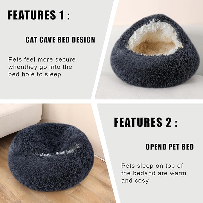 Calming Dog Beds & Cat Cave Bed with Hooded Cover,Washable Round Beds for Small Medium Pets,Anti-Slip Faux Fur Fluffy Coved Bed,Comfortable Warming Pet Bed(20 * 20inch,Dark Gray)