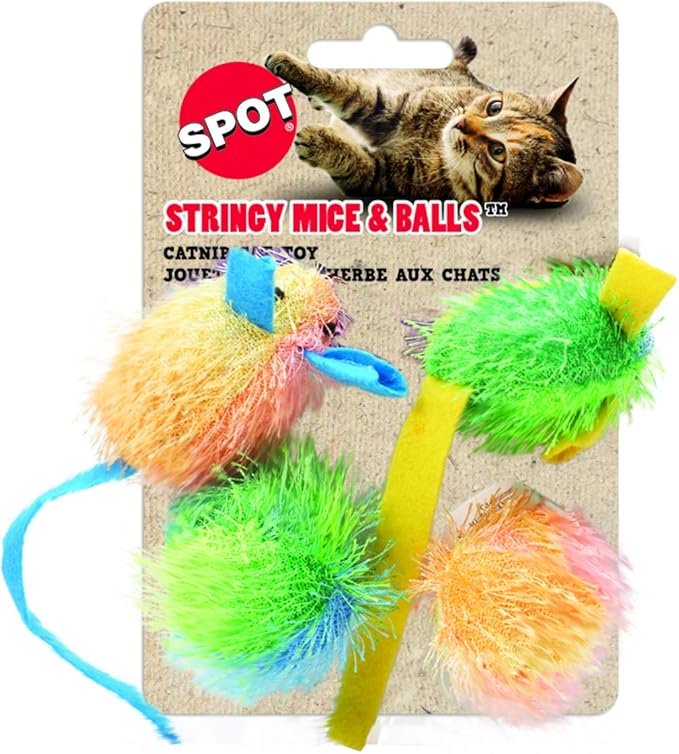 SPOT Stringy Mice & Balls - Catnip Cat Toys, Interactive, Colorful Plush Toys, Fun for Cats and Kittens to Bat and Chase, Boredom Buster - 2 Mice, 2 Balls