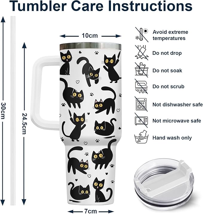 34HD Black Cat Coffee Tumbler with Handle and Straw, 40oz Stainless Steel Insulated Kitty Mug with Lid, Cute Pet Gifts for Women Men on Birthday Mothers Day Halloween Christmas