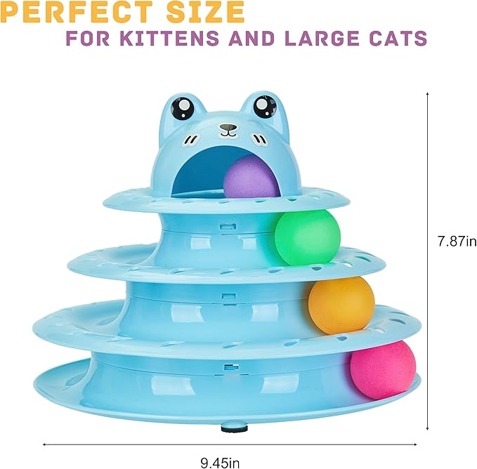 Gefryco Cat Toys Ball Track, Turntable Cat Tower Toy with 4-Tier Roller, Multi-Level Interactive Cat Toys for Indoor Cats, Fun Puzzle Kitten Exercise Toys with Colorful Chase Balls(Blue)
