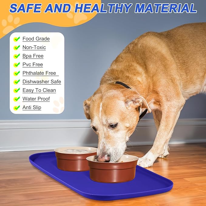 Silicone Pet Feeding Mat with Raised Edge for Food and Water, Dog Bowl Mats, Cat Bowls Placemat with High Lip for Floor Waterproof, Rubber Tray for Cats and Dogs 24 x 16 x0.8 Navy Blue