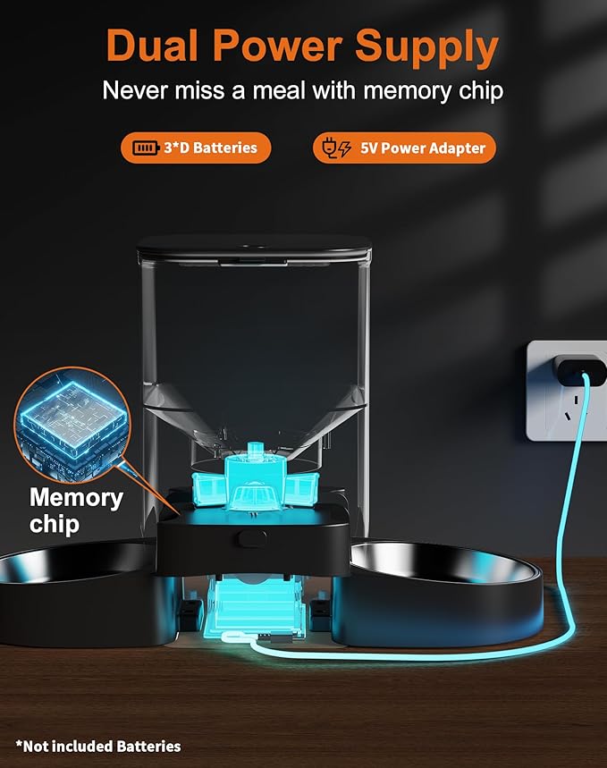 HoneyGuaridan 3.5L Automatic Cat Feeder for Two Cats, 2.4G WiFi Enabled Smart Feed Pet Feeder with Stainless Steel Bowl,APP Control Dispenser, Dual Power Supply,Desiccant Bag,10s Meal Call Black