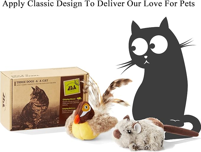 2 Pack Cat Toys Interactive for Indoor Cats Feather Squeaky Bird & Mouse Kitten Plush Toys, Three Dogs & A Cat Melody Chaser Motion Activated Kitty Toys with Bird Chirping