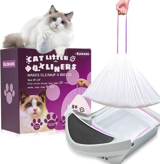 50 Pack Drawstring Cat Litter Box Liners Compatible with Litter-Robot 3/4, Waste Bags Heavy Duty for Automatic Self Cleaning Litter Box