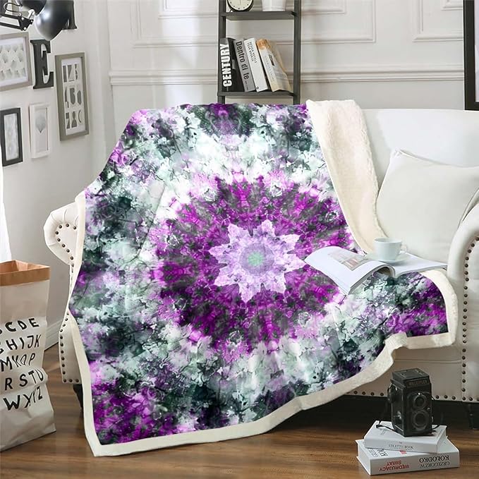 Tie Dye Sherpa Blanket Paisley Fleece Throw Blanket Boho Psychedelic Swirl Plush Blanket for Sofa Couch Bed Room Decor Bohemian Gypsy Chic Hippie Mandala White Purple Fuzzy Blanket Queen 90x90 Inch