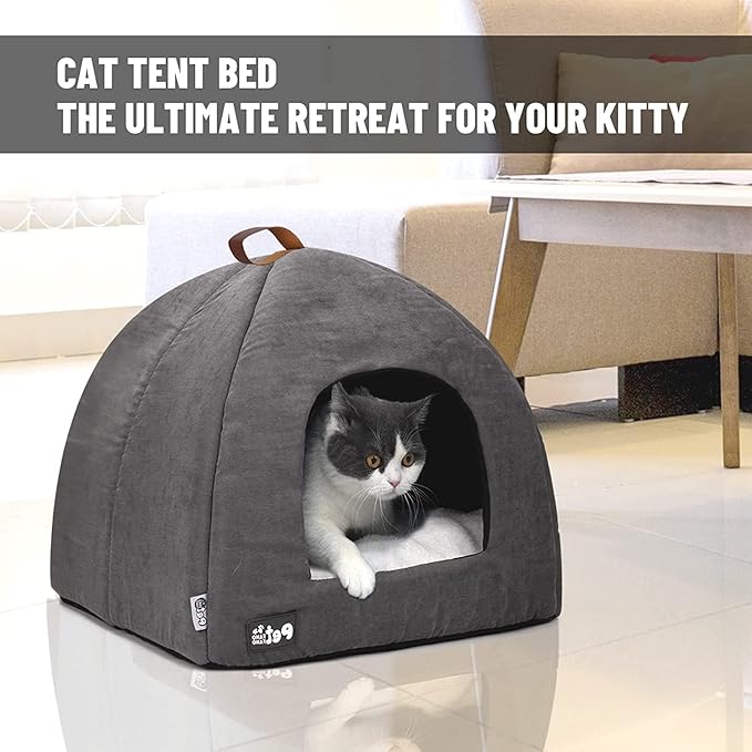 Cat Bed for Indoor Cats -Premium Pet Beds for Cats and Small Dogs, Cat Bed Cave, Comfortable Covered Cat Bed, Cat Tent, Kitten Bed, Small Animal Bed and Cat Hut with Cushioned Pillow (Medium, Grey)