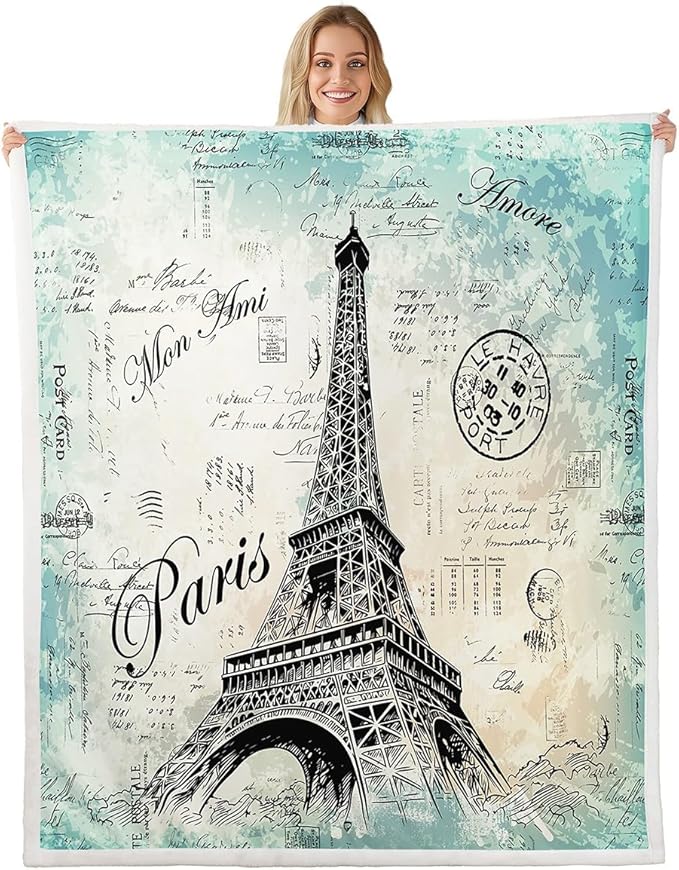 Eiffel Tower Sherpa Blanket Women Chic Retro Paris Theme Fleece Throw Blanket Vintage Paris Cityscape Plush Blanket Bedroom Decor French Teal Fuzzy Blanket Queen 90"x90"