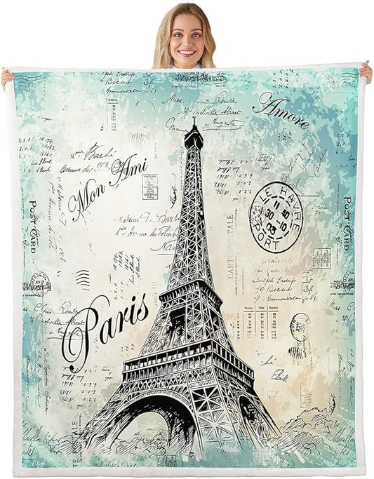 Eiffel Tower Sherpa Blanket Women Chic Retro Paris Theme Fleece Throw Blanket Vintage Paris Cityscape Plush Bedroom Decor French Teal Fuzzy 50"x60"