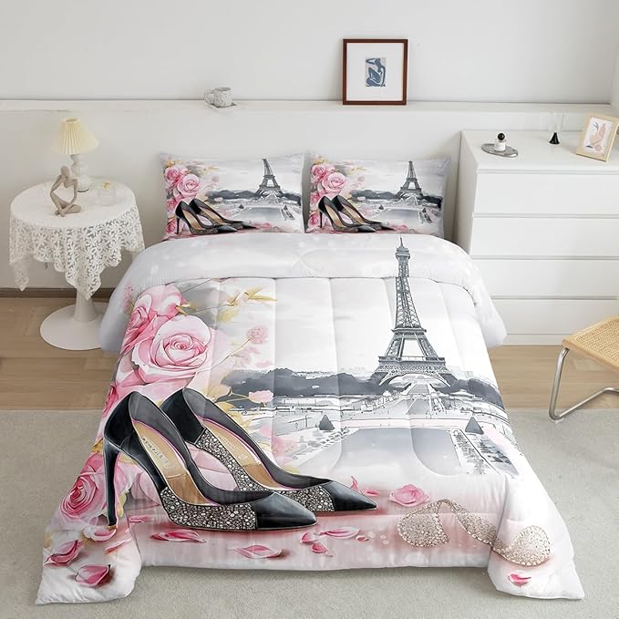 High-Heeled Shoes Princess Kids Comforter Set Full Size,Roses Flowers Paris Eiffel Tower Bedding Set,Women Girls Room Decor,Glitter Diamond Romantic Down Comforter,Pink Duvet Insert,2 Pillowcases
