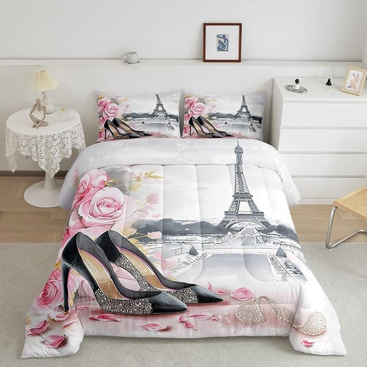 High-Heeled Shoes Princess Kids Comforter Set Full Size,Roses Flowers Paris Eiffel Tower Bedding Set,Women Girls Room Decor,Glitter Diamond Romantic Down Comforter,Pink Duvet Insert,2 Pillowcases