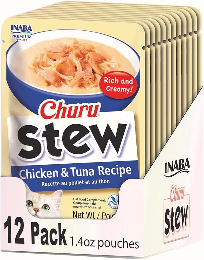 INABA Churu Stew for Cats, Broth Gelée with Shredded Chicken Side Dish Pouch with Vitamin E, 1.4 Ounces per Pouch, 12 Pouches, Chicken & Tuna Recipe