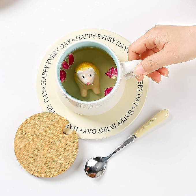 BigNoseDeer Hedgehog Mug Cute Mugs with 3D Hedgehog Inside Ceramic Coffee Mug with Spoon and Lid Mugs for milk,coffee and tea lovers Birthday Cute Gifts for Women 13.5oz