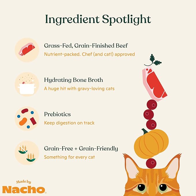 Made by Nacho Wet Cat Food, Cuts in Gravy, Limited Ingredients, Grass-Fed Grain Finished Beef Recipe with Bone Broth for Extra Hydration, (24) 3 oz. Pouches