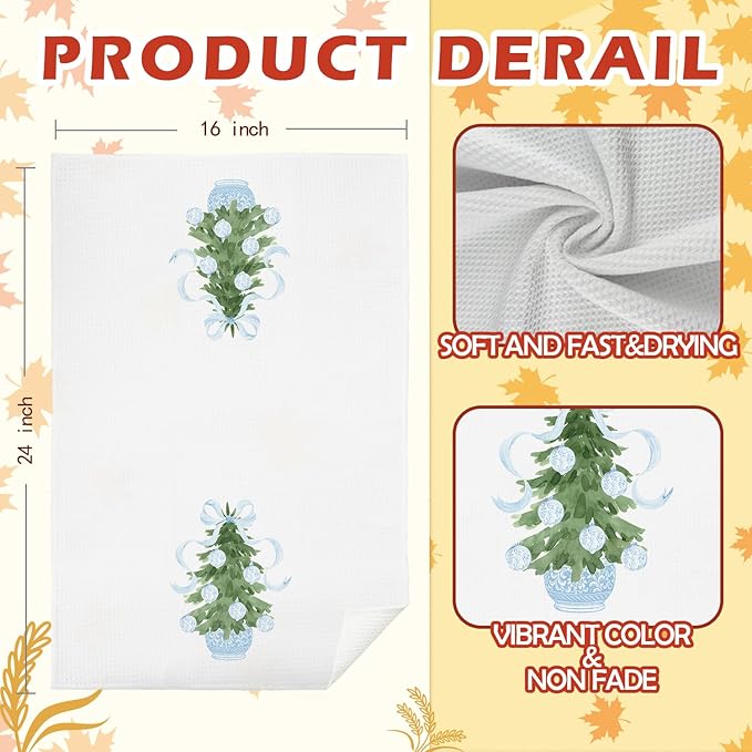 SPBL&L Light Blue Chinoiserie Christmas Kitchen Towels, Light Blue Bow Christmas Hand Towels for Bathroom, Chinoiserie Decor, Christmas Dish Towels, Christmas Kitchen Bathroom Decor, 16x24 Inch