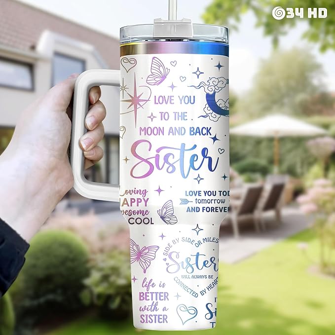 34HD 40oz Sister Tumbler with Handle and Straw, Vacuum Insulated Sis Coffee Mug, Soul Bestie Cup with Lid, Anniversary Birthday Gifts for Soul Sisters Women