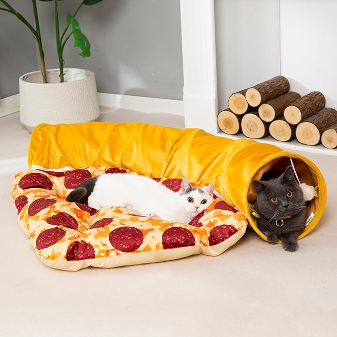 LUCKITTY Cat Tunnel Bed - Peek-a-Boo Pizza Shape Design for Cozy and Playful Animals - 9.8 -Inch Diameter Yellow