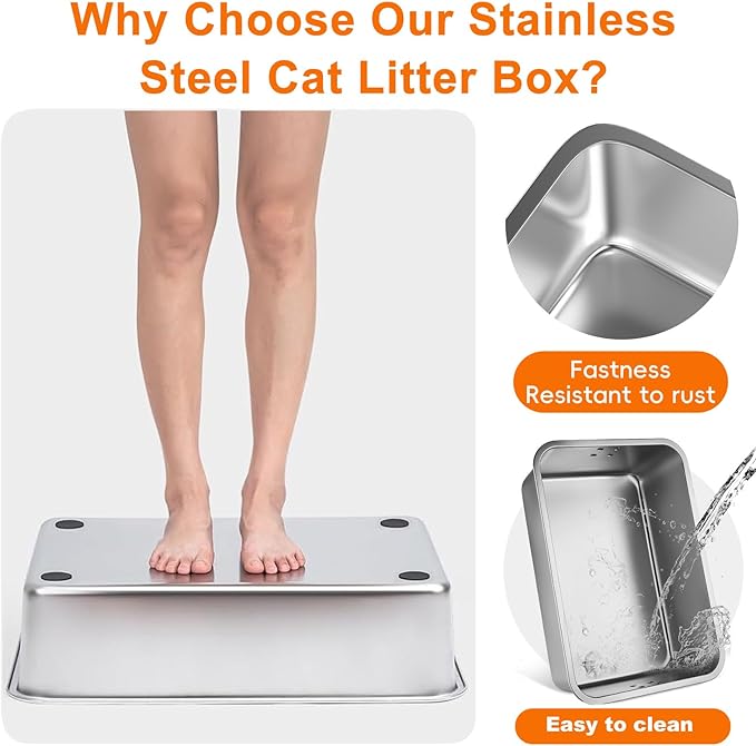 2 Pcs Stainless Steel Cat Litter Box with Lid, Extra Large High Sided Litter Box, XL Litter Box for Large Cats, Non-Leaking, Easy to Clean, Anti-Leakage Include Scoop(White)