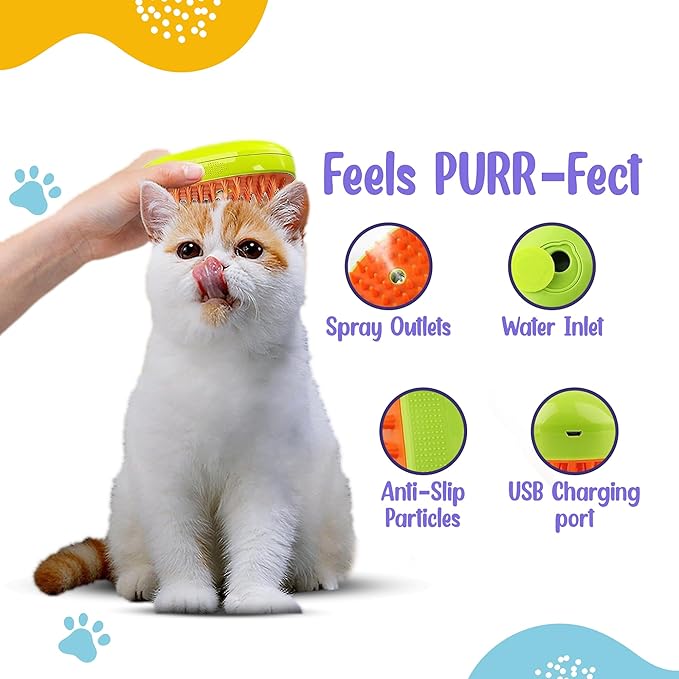 3-in-1 Cat Steam Brush & Belt Combo: Self-Cleaning Steamy Brush for Cats & Dogs, Massage Grooming Comb, Pet Hair Remover, Water Spray, Multifunctional Shedding Tool (Green)