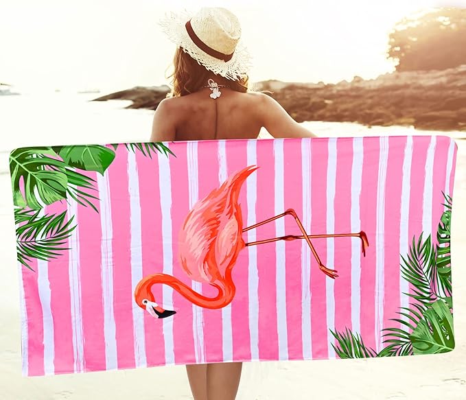 LIVILAN Small Pink Flamingo Beach Towel, 24”x48” for Girls & Kids, Soft Microfiber, Quick Dry, Sand Free, Lightweight for Bath, Swim, Pool, Yoga, Ideal Flamingo Gift for Women