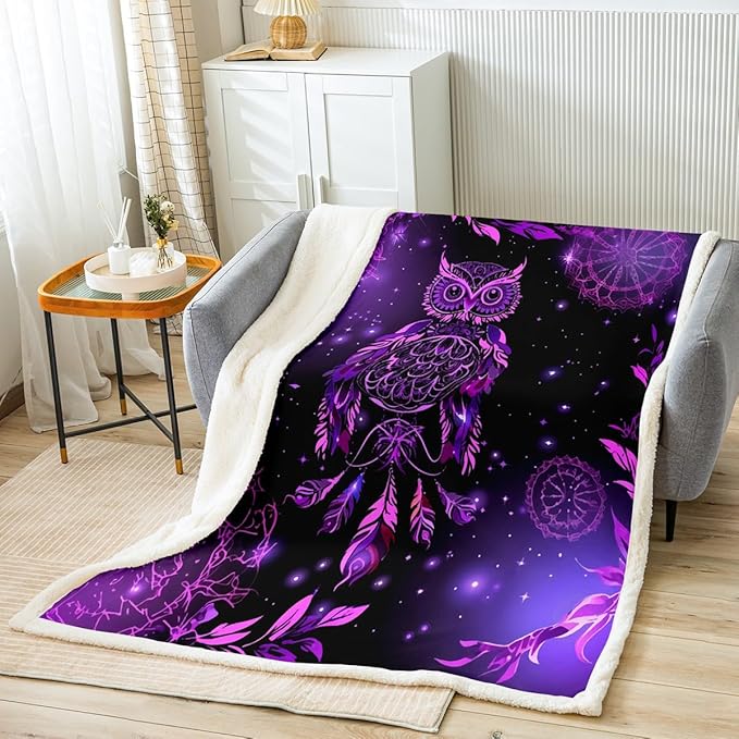 Dreamcatcher Sherpa Blanket Boho Dream Catcher Owl Fleece Throw Blanket Bohemian Exotic Mandala Plush Blanket for Sofa Bed Couch Room Decor Chic Purple Galaxy Fuzzy Blanket Twin 60"x80"