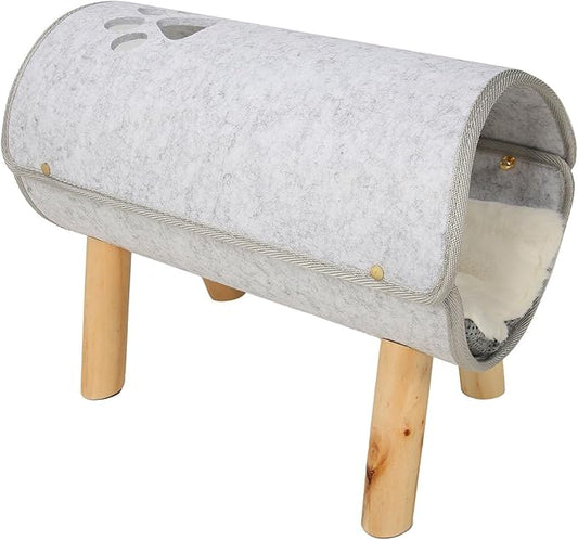 Cat Tunnel Bed tunnel chat bois Soft Com fortable Elevated Cat Tunnel Bed with Plush Cushion with Wooden Legs Pet Felt Tunnel Bed with Wooden Legs for Cat and Tunnels