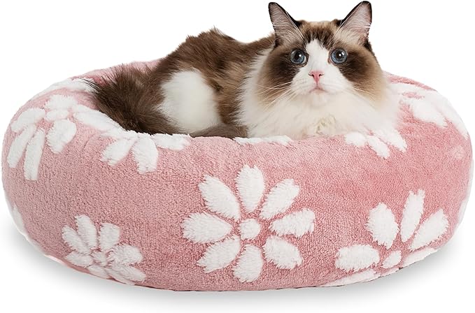 Donut Dog Beds for Small Dogs, Calming Round Cat Beds for Indoor Cats, Cute 3D Textured Flower Pet Bed with Removable Washable Cover and Anti-Slip Bottom（Pink，20"）