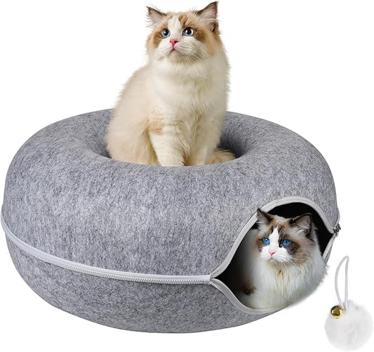 Peekaboo Cat Cave,Cat Tunnel Bed for Indoor Cats - L - 24 * 24 * 11 inch,Cat Donut Tunnel for Pet Cat House,Detachable Round Cat Felt & Washable Interior Cat Play Tunnel