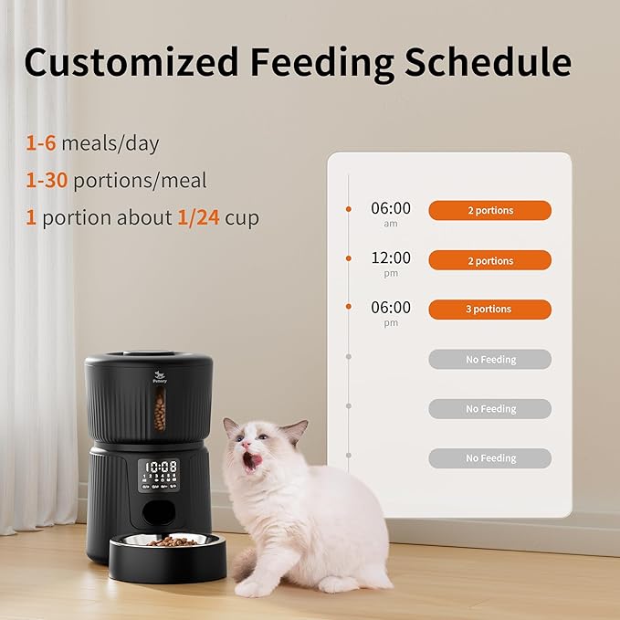 Petory Automatic Cat Feeder - 6 Meals Automatic Cat Food Dispenser with Slow Feeding for Cats and Small Dogs, Dual Power Supply Including Desiccant Bag