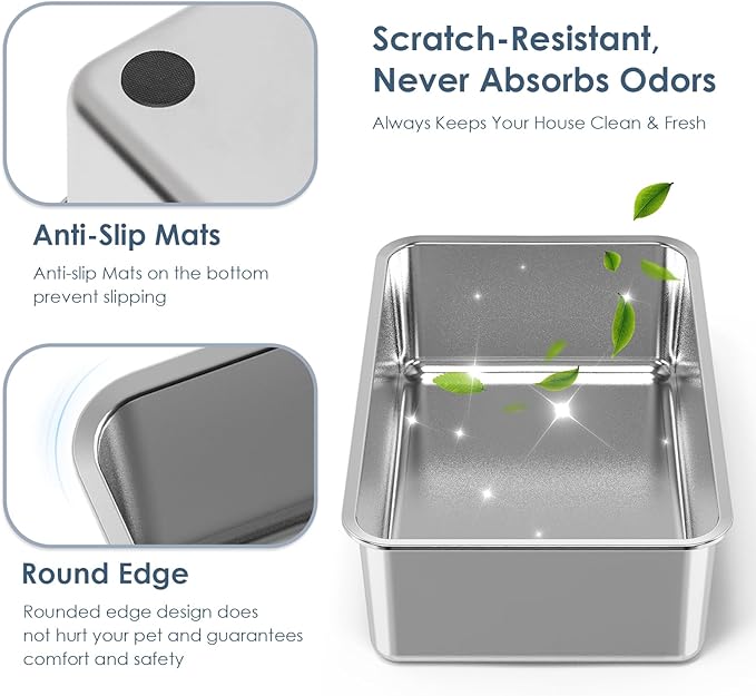 3 Pack 19.6"x13.7"x6" Stainless Steel Litter Box with 26L Litter Capacity, High Sides Large Cat Litter Box for Multi-Cats, Metal Litter Box with Footboard, Non Stick Litter Pan Litter Tray