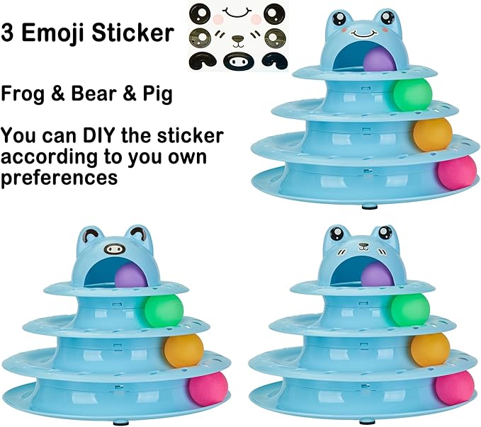 Suhaco Interactive Cat Toys for Indoor Cats Pack of 17 Fun Roller 4 Level Cat Tower with Cute Stickers Turntable Kittens Ball Teaser Toy (Blue 17 Pcs)