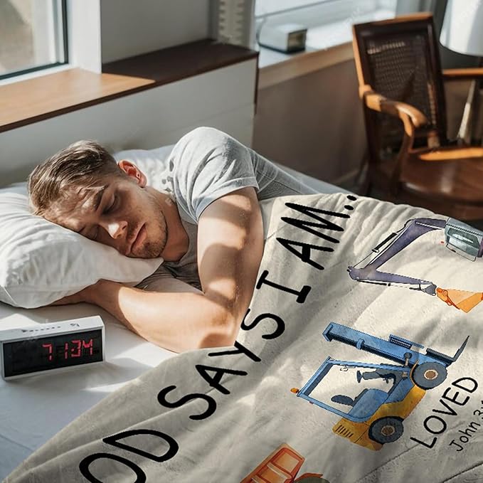 Christian Gifts for Boys, God Says I Am Construction Truck Blanket 50"x60", Inspirational Religious Birthday Gifts for Truck Lover Bible Verse Blanket, Construction truck gifts, Christian truck Gifts