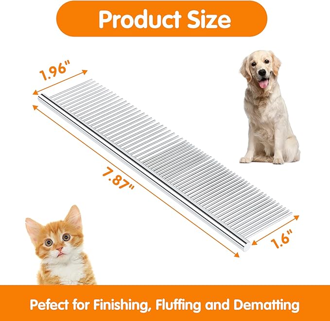 Pettom Pet Steel Grooming Tool Poodle Finishing Butter Comb 7 1/2-inch L Silver Dog Combs with Rounded Ends Stainless Steel Teeth, Cat Comb for Removing Tangles and Knots