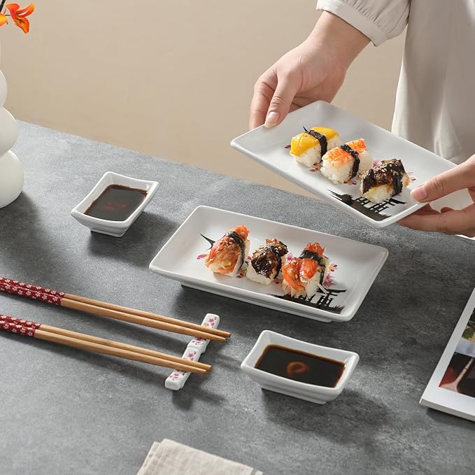 8 pcs Japanese Sushi Plate Sets Serving Platters and Trays for Entertaining Sushi Dishes Set Plates Sushi Plates Traditional Cuisine Dinnerware Sets with Chopsticks Pink Sakura