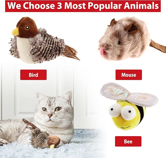 Gigwi Interactive Cat Toys Animal Sound Bird/Mouse/Bee Interactive Squeaking Cat Toys Melody Chaser & Toys for Cats to Play Alone, Play and Squeak Kitten Toys for Boredom