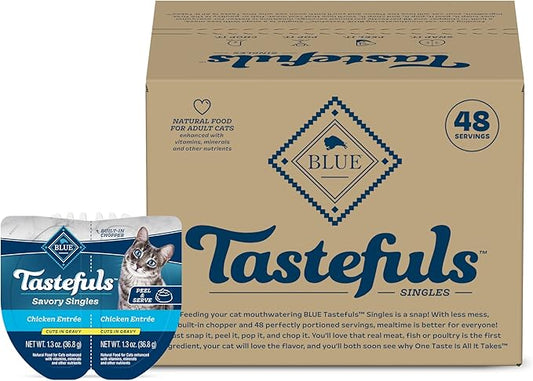 Blue Buffalo Tastefuls Savory Singles Natural Wet Cat Food in Gravy, 2.6-oz. Twin-Pack Trays, Chicken Entreé (24 Count)