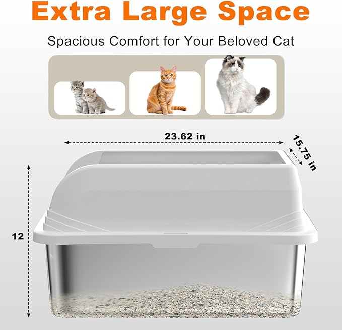 2 Pcs Stainless Steel Cat Litter Box with Lid, Extra Large High Sided Litter Box, XL Litter Box for Large Cats, Non-Leaking, Easy to Clean, Anti-Leakage Include Scoop(White)