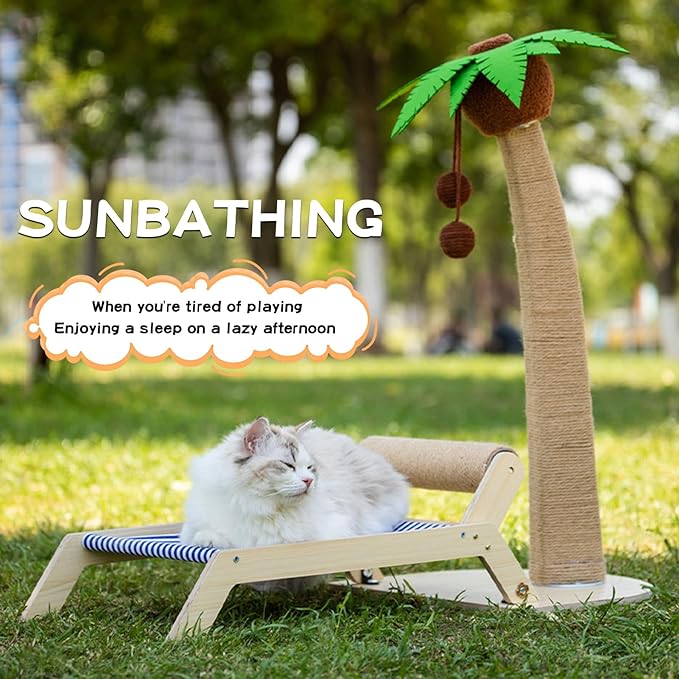 Beach Chair Cat Hammock with Scratch-Roller, Natural Solid Wood Elevated Cat Beds for Indoor Cats, Cozy Cat Lounge, XL-Wooden Beach-Sling-Chair for Kittens and Large Adult Cats, 23.6”×11.8”×7.9”