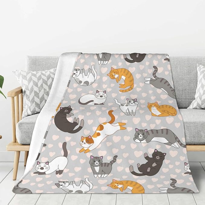 Cute Cat Kawaii Kitten Blanket, Soft Blankets Flannel Bed Throw Cozy Lightweight Plush Gifts for Kids Boys Girls Women Men Sofa Couch Bedroom Living Rooms Warm All Season, Home Decor, 60"x50"