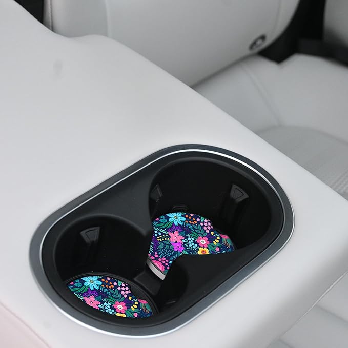 Blue Flowers Car Coasters for Drinks Absorbent,2 Pack Cup Holders,2.56" Ceramic Stone & Non-Scratch Cork Base Coasters,Auto Accessories for Women & Men.