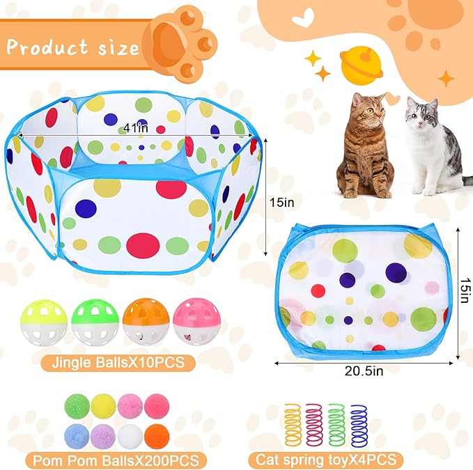 Palksky Cat Ball Pit with 210PCS Cat Toy Balls and 4PCS Cat Spring Toy, Interactive Cat Toys for Bored Indoor Cats Self Play, Cat Enrichment Toy for Interactive Fun and Exercise